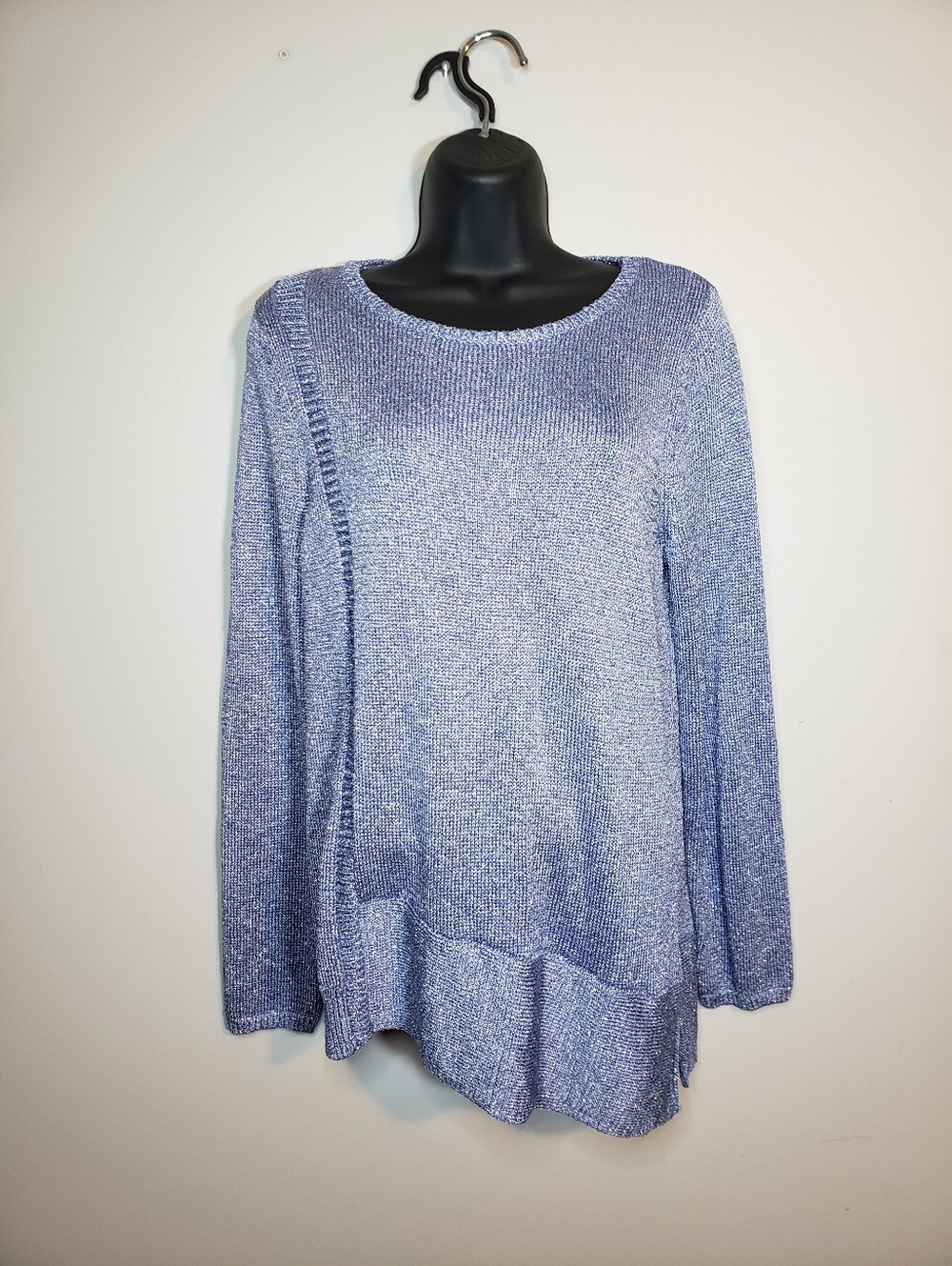 Chicos Blue Metallic Knit Crewneck Sweater Size 1 M Medium Asymmetrical Pullover